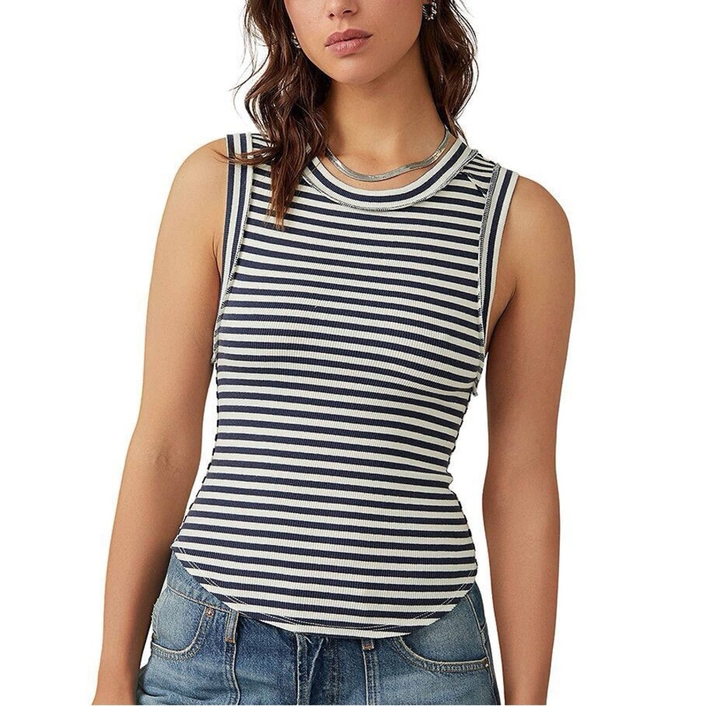 Free People Navy and White Striped Ribbed Tank